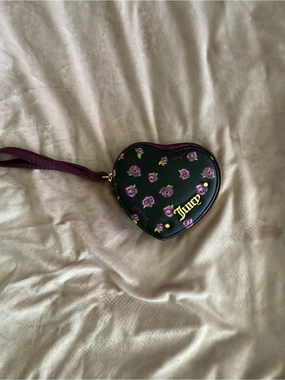 Juicy Couture Black Heart Wristlet with Purple Rose Print